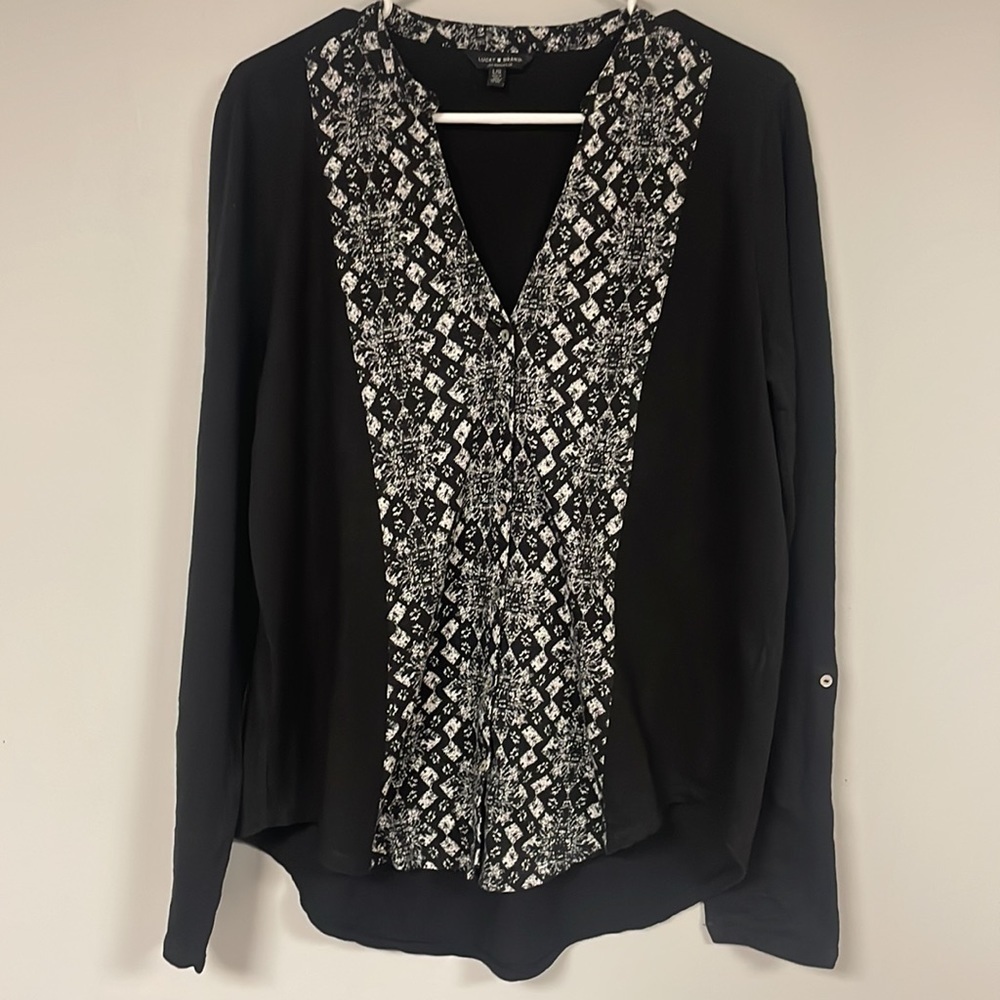 Lucky Brand | button down Black & White blouse/ shirt , L, high/low hem, cotton